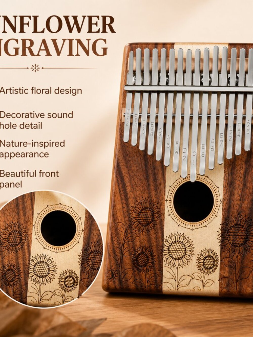 17 Key Wooden Kalimba Sunflower Design Thumb Piano Beginner Gift Case - Picture 6 of 10